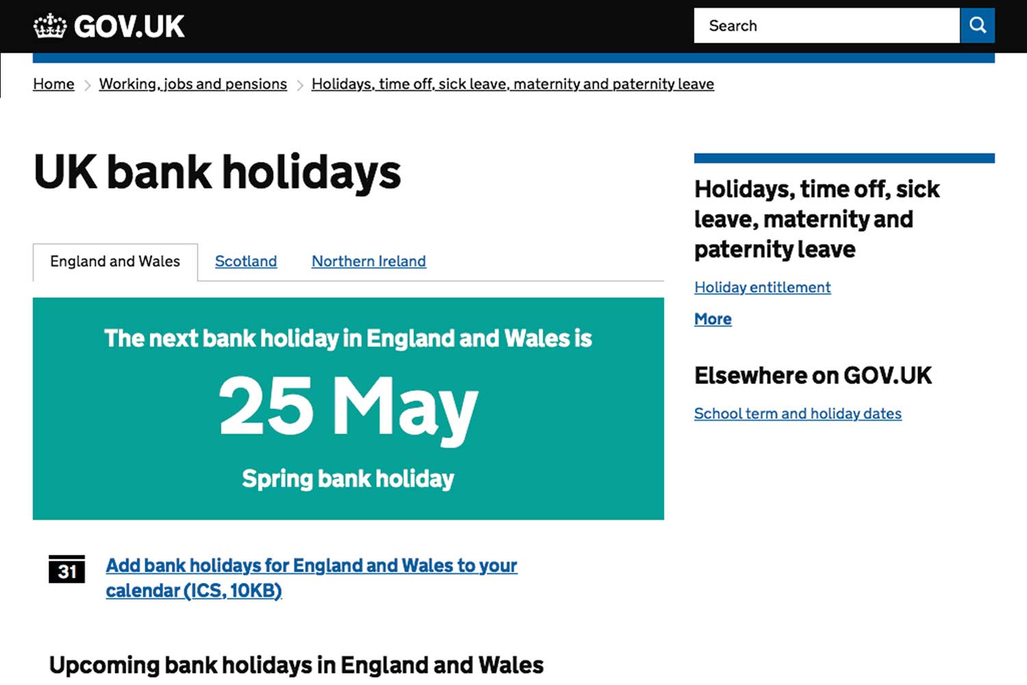 screenshot of GOV.UK's Bank holidays page