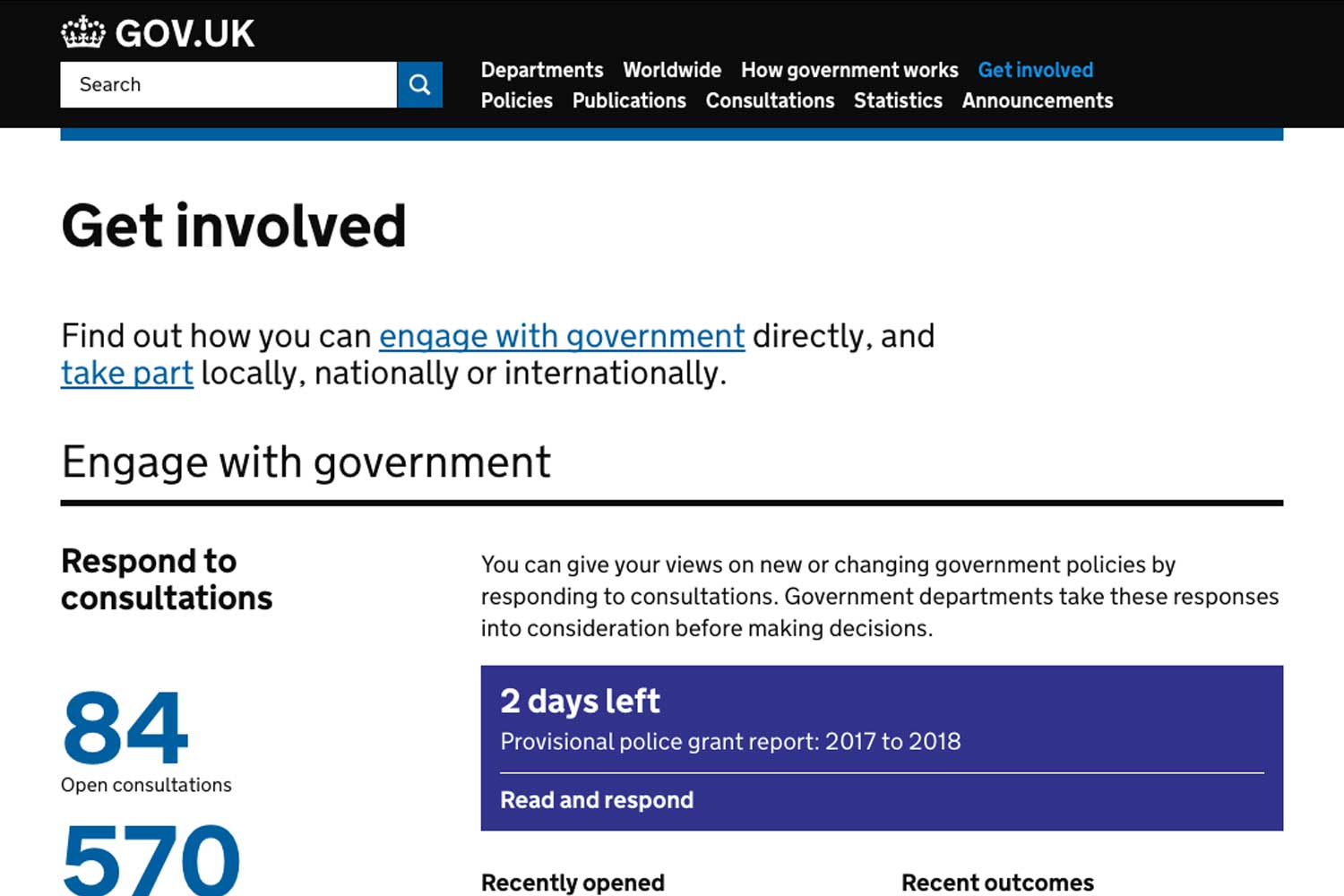 screenshot of GOV.UK's Get involved page