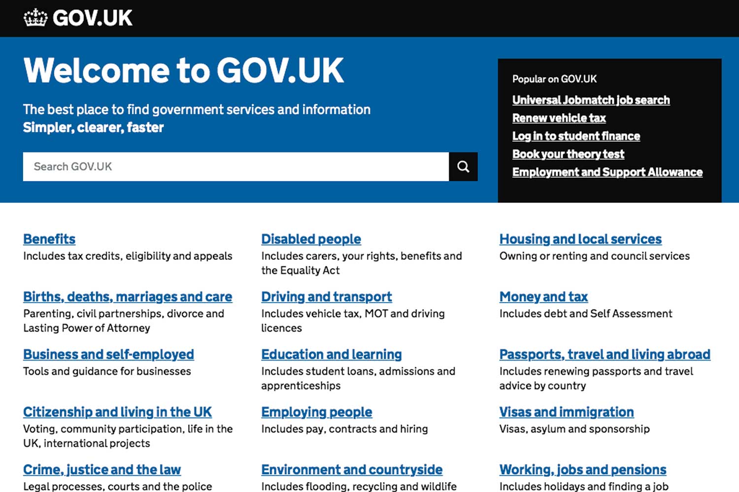 screenshot of GOV.UK's homepage