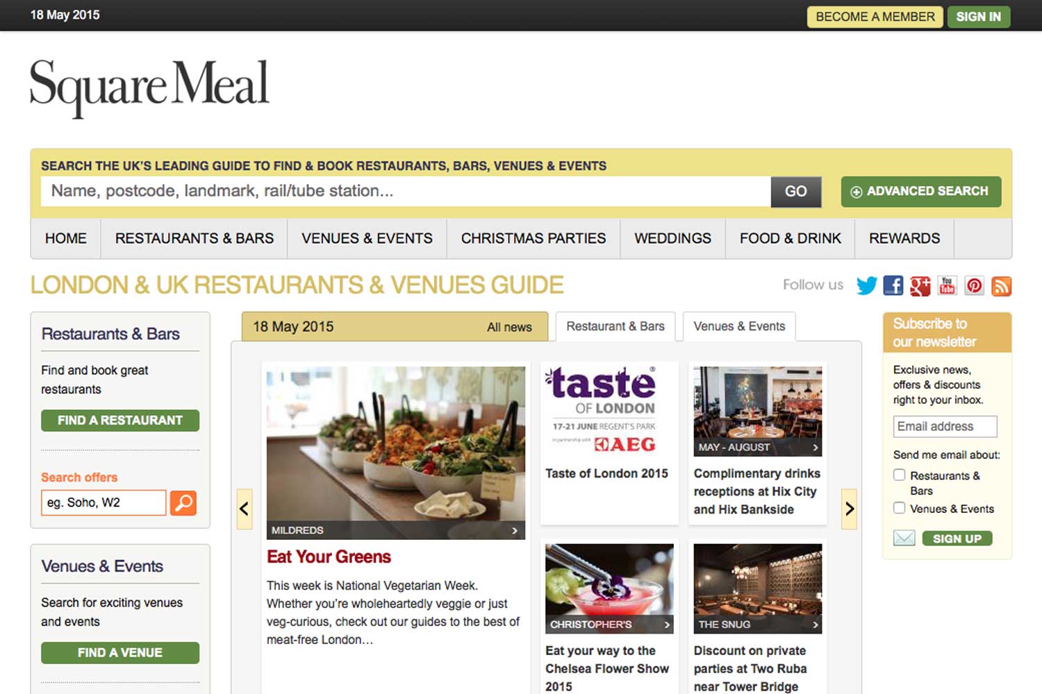 screenshot showing the design of www.squaremeal.co.uk